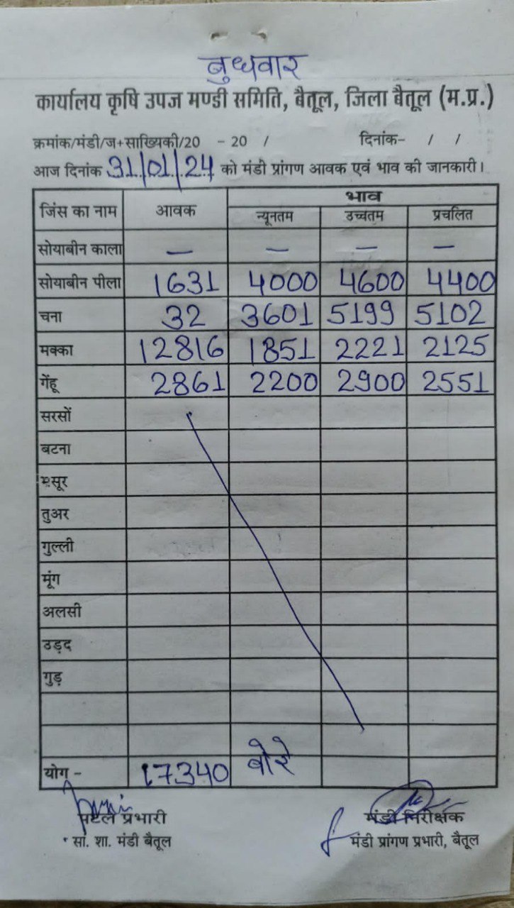 Aaj ka Mandi Bhav : देखें आज 31 जनवरी, 2024 का बैतूल मंडी भाव